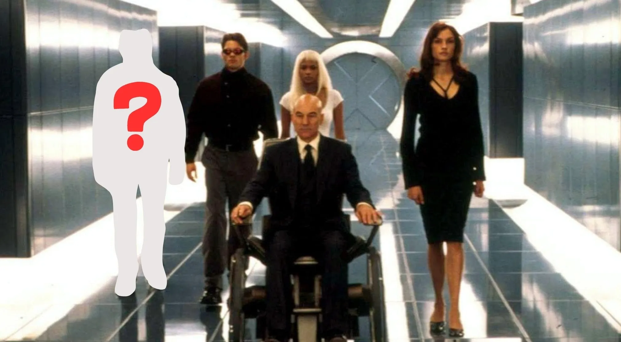 X-Men team with a missing mutant, represented by a question mark silhouette, walking with Professor X, Cyclops, Storm, and Jean Grey.