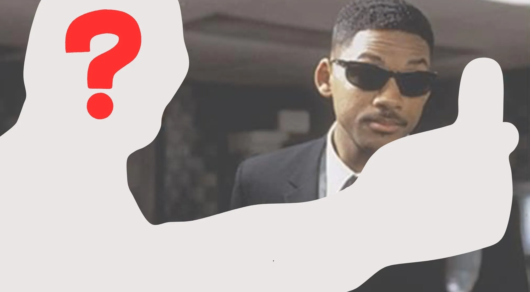Who's missing? Will Smith in a suit and sunglasses, next to a silhouette with a red question mark.