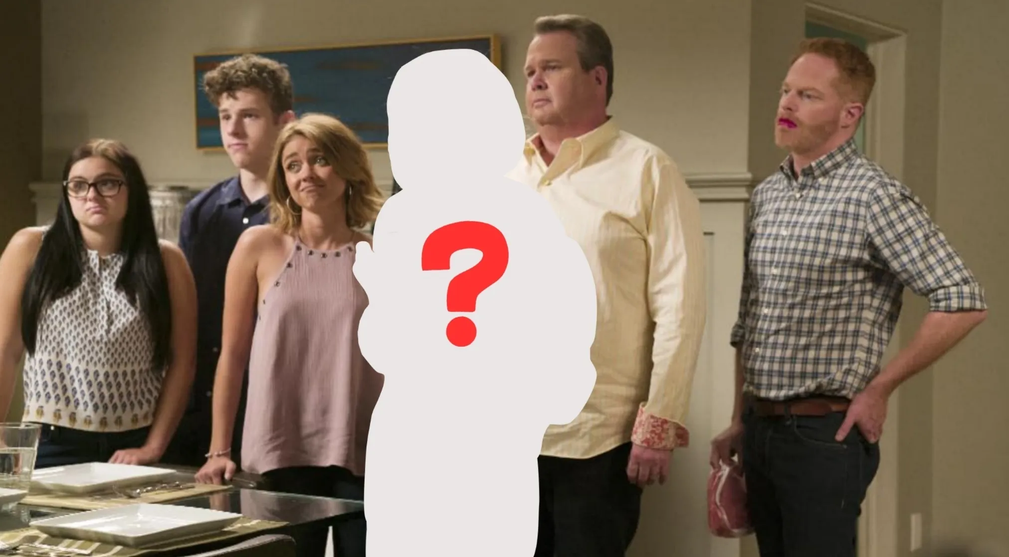A Modern Family group standing, with one member missing, replaced by a silhouette with a red question mark.