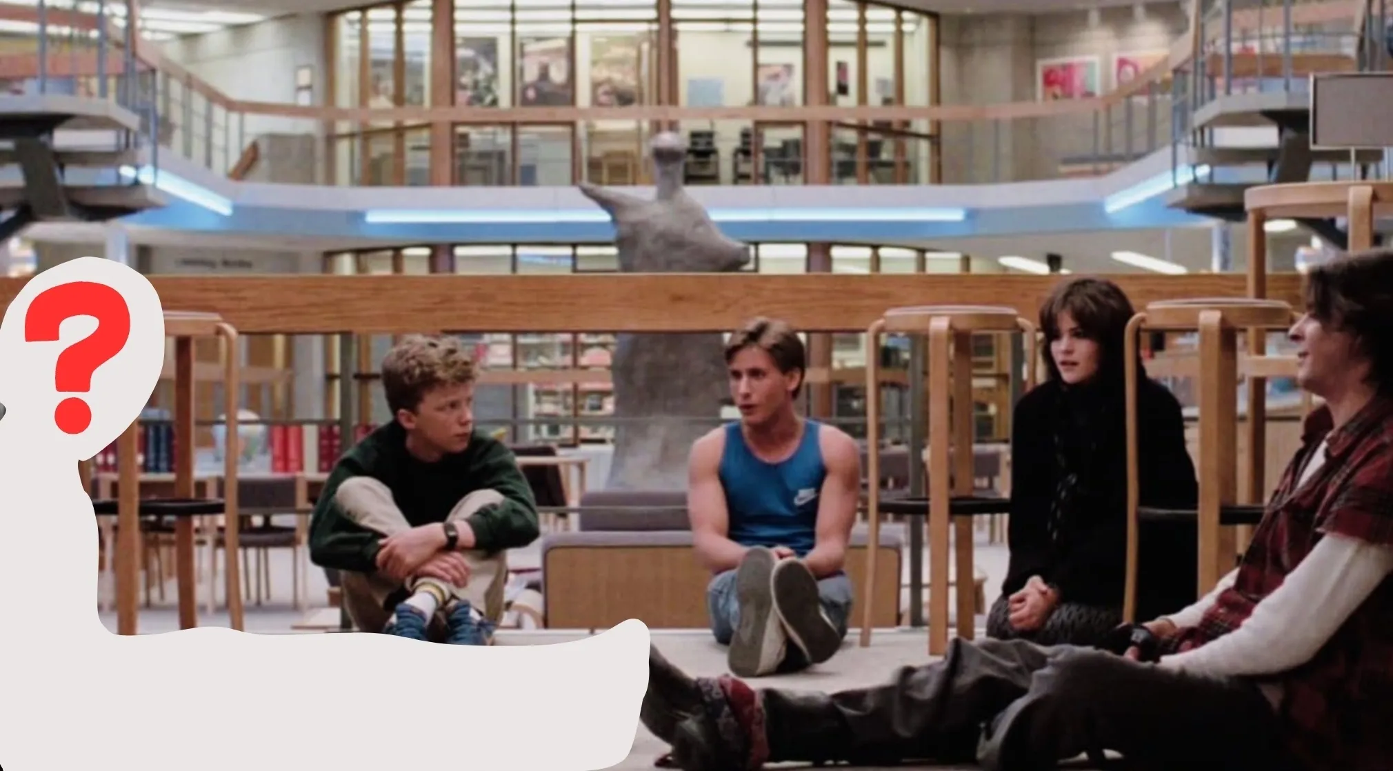 The Breakfast Club in the library, a question mark covers the missing person. Who's missing from detention?