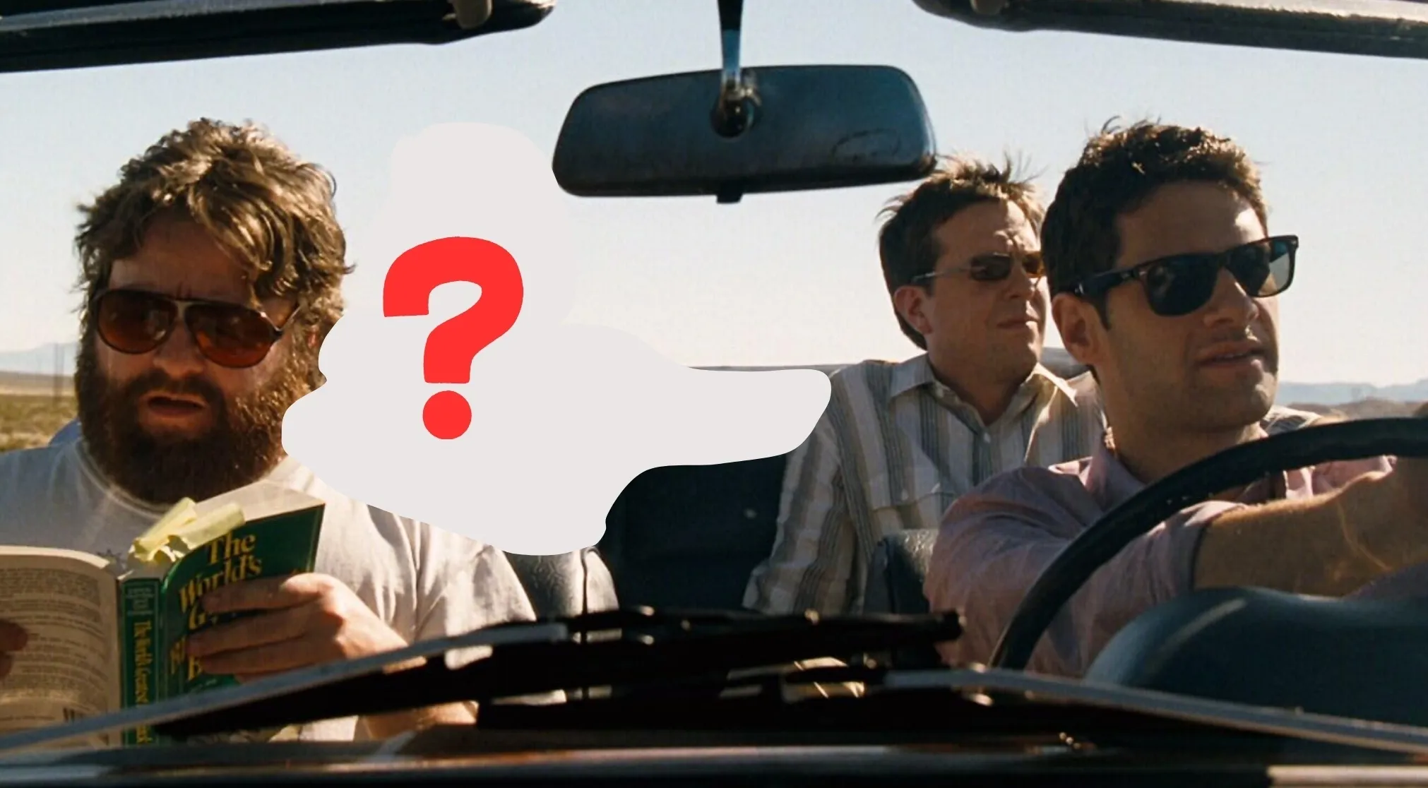 The Wolfpack isn't complete. A Hangover scene with Alan and Phil, but a friend is missing, marked by a question mark.
