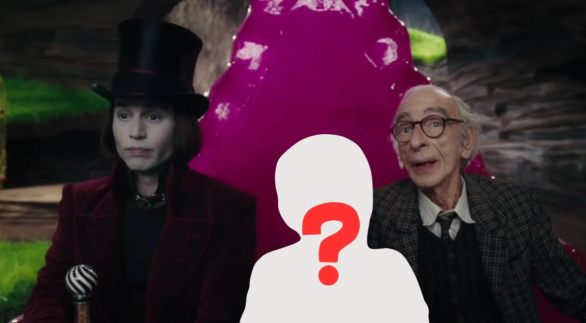 Willy Wonka and Grandpa Joe in the Charlie and the Chocolate Factory boat ride with a missing child's silhouette.