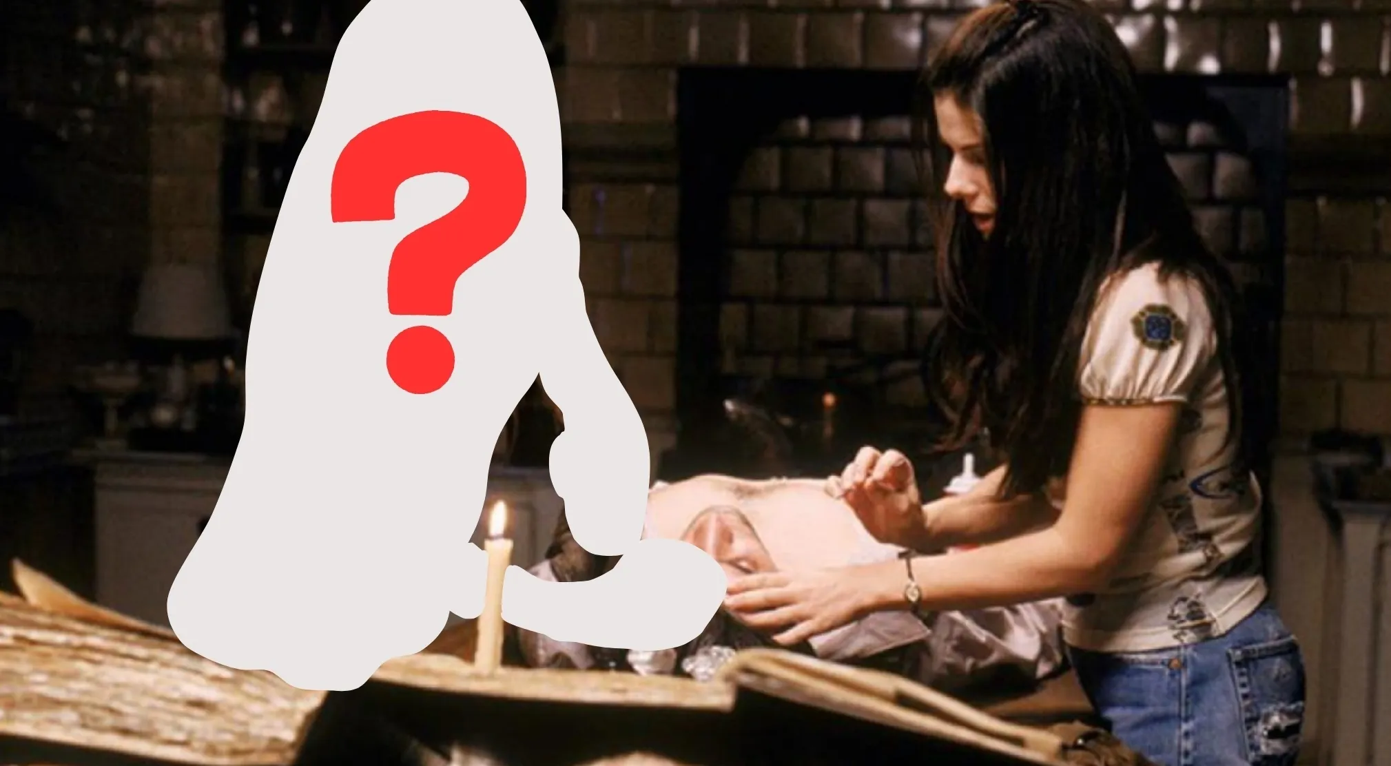 Practical Magic scene with a missing Owens sister, represented by a white silhouette with a red question mark.