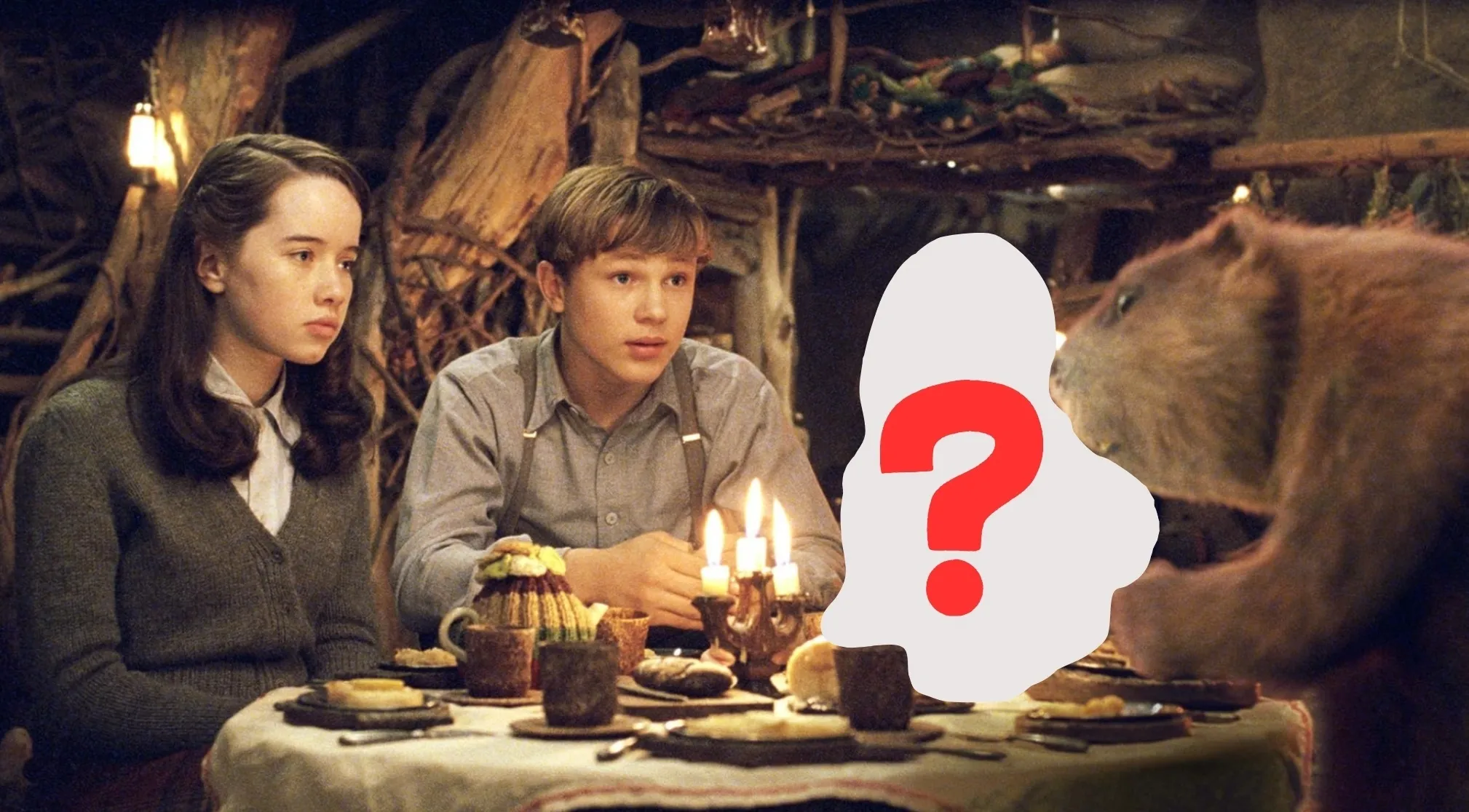 The Pevensie siblings, Susan and Peter, at a table with a beaver; a red question mark highlights the missing character.