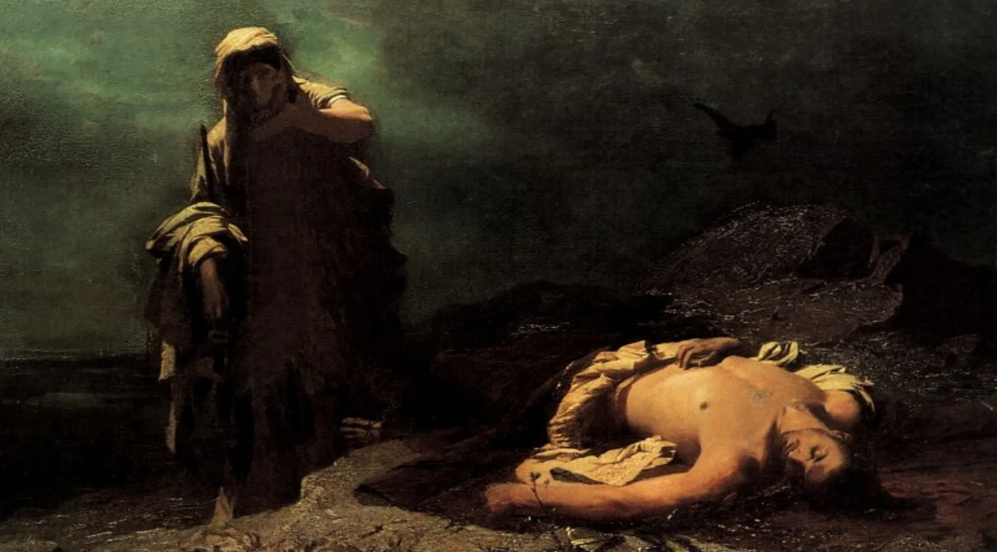 A dark, dramatic painting depicting a somber figure standing over a prone body. How well read are you? Antigone.