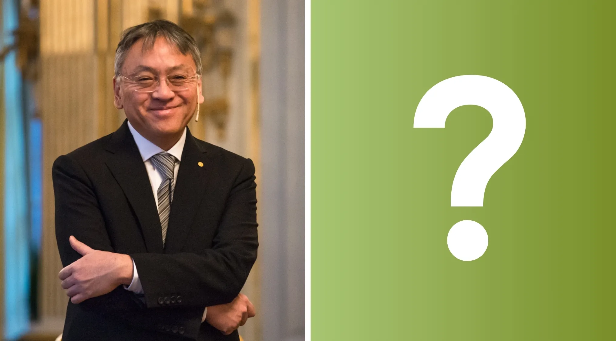 Kazuo Ishiguro, smiling in a suit, alongside a large question mark. Which novels are written by him?