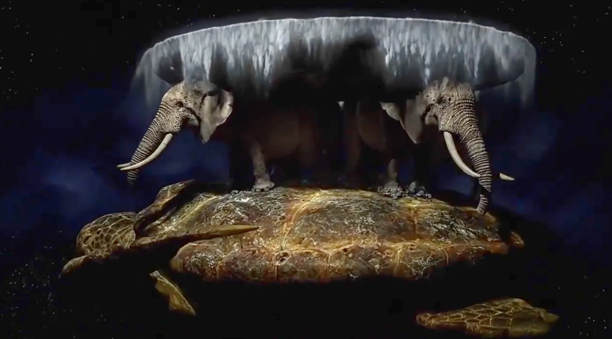 Discworld fantasy comedy image featuring the Great A'Tuin, carrying four elephants and a flat disc world on its shell.