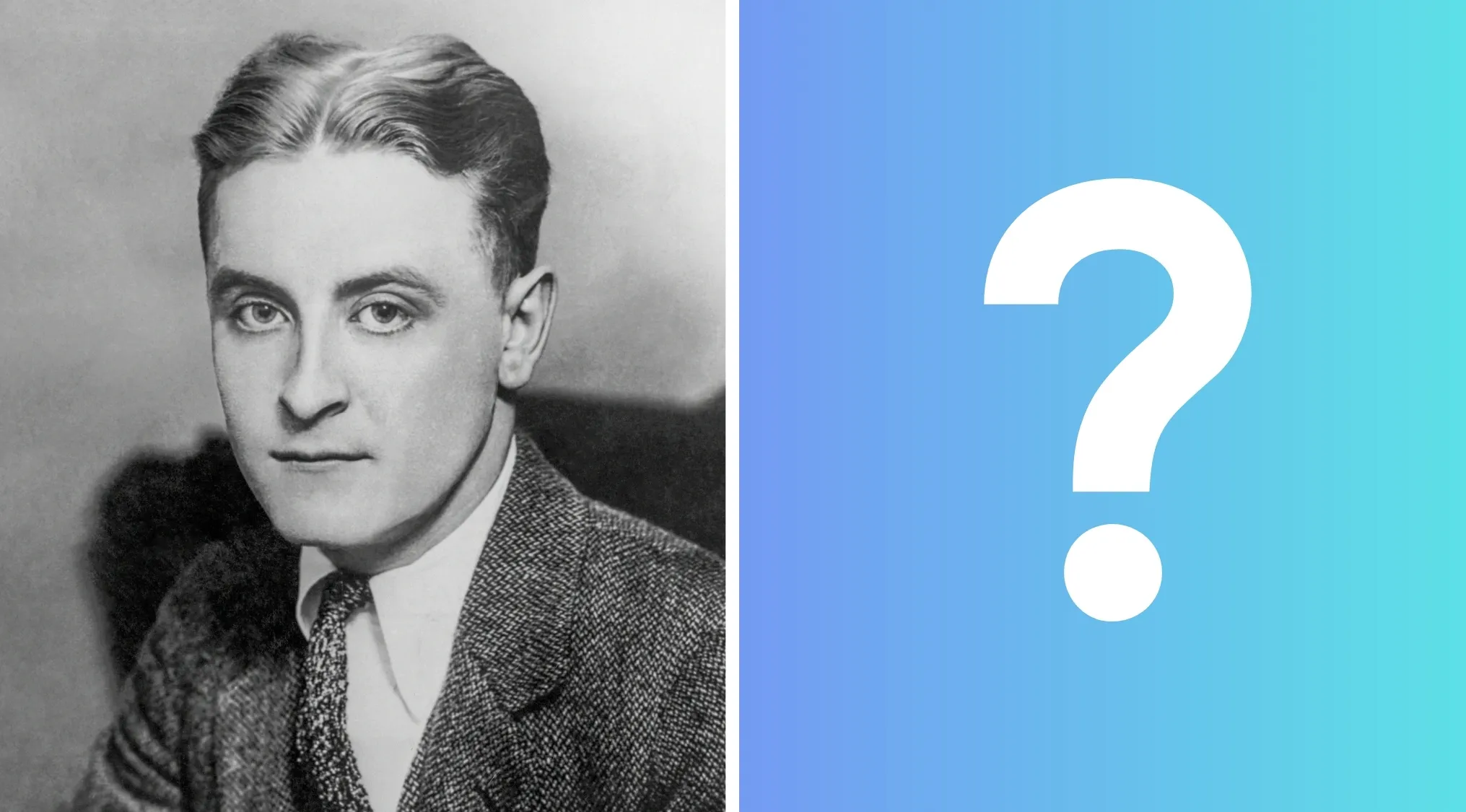 A black and white image of F. Scott Fitzgerald looking directly at the camera next to a large question mark.