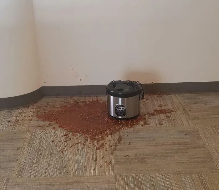 A rice cooker with a large spill of food on the carpet, a piece of disgusting food.