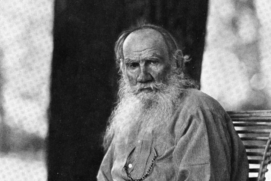 Black and white portrait of Leo Tolstoy, a Nobel Prize in Literature author, looking directly at the camera.