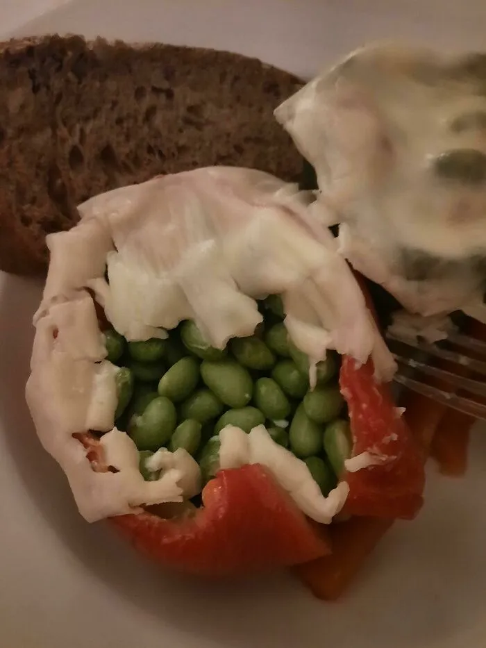 The Vegan Opinion At My Work Christmas Dinner. Unseasoned Soy Beans In A Bell Pepper, Topped With A Sheese Single