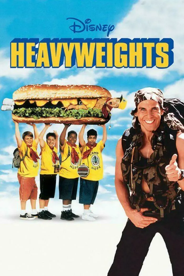 Disney's Heavyweights poster, a classic film from life in the 90s, featuring kids holding a giant sandwich.