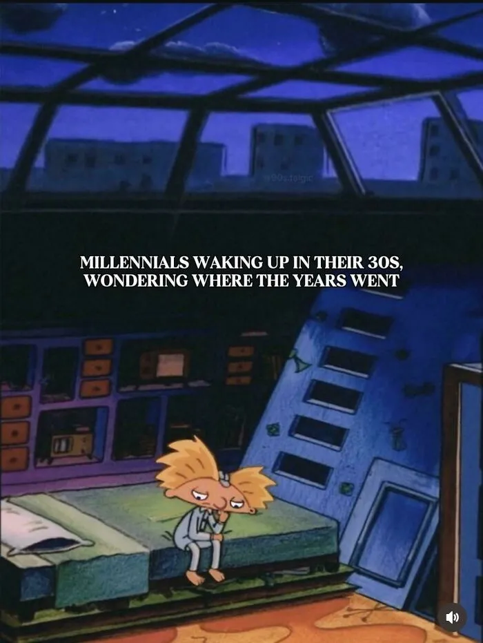 An illustration of Arnold from Hey Arnold sitting sadly on his bed, feeling the weight of life in the 90s.