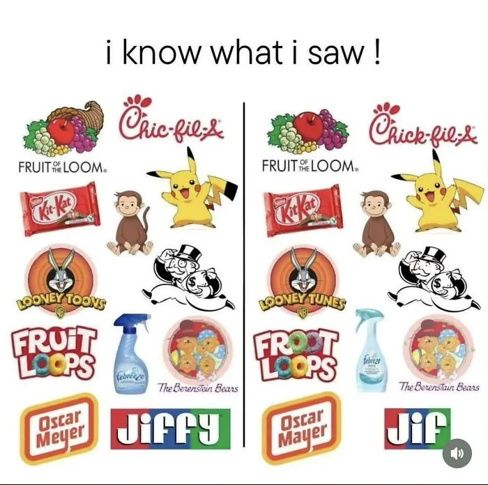 A side-by-side comparison of common brand logos and characters from the 90s, illustrating the Mandela Effect and 90s nostalgia.
