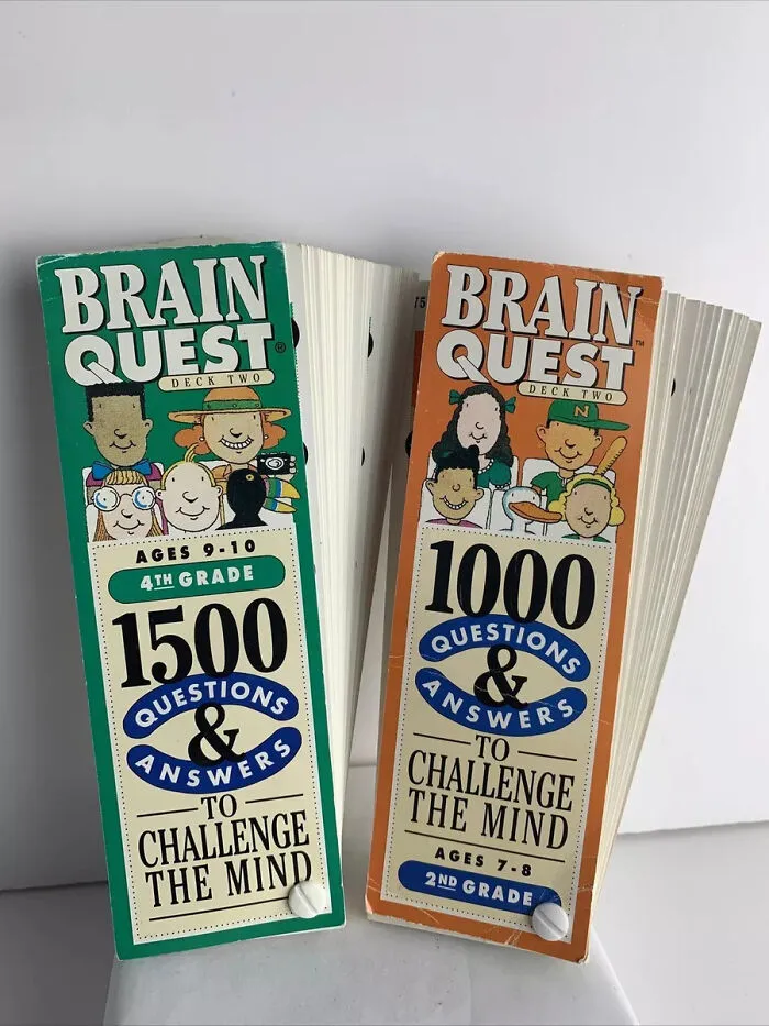 Two Brain Quest decks, a popular educational game from life in the 90s.