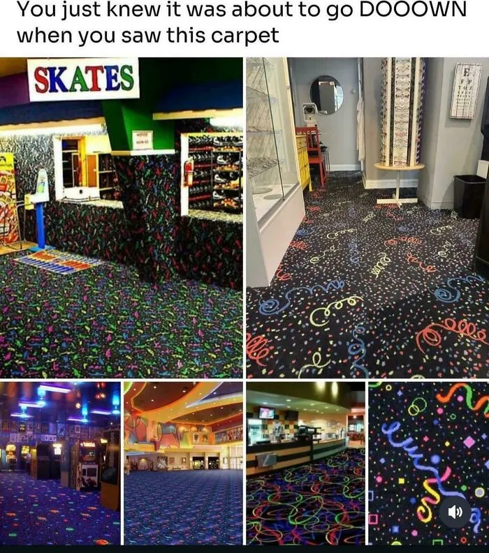 A collage of images showing the distinct, colorful patterned carpets often found in roller rinks, arcades, and other entertainment venues from life in the 90s.