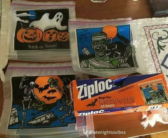 Vintage Halloween Ziploc bags from the 90s, featuring classic spooky designs like ghosts and skeletons.
