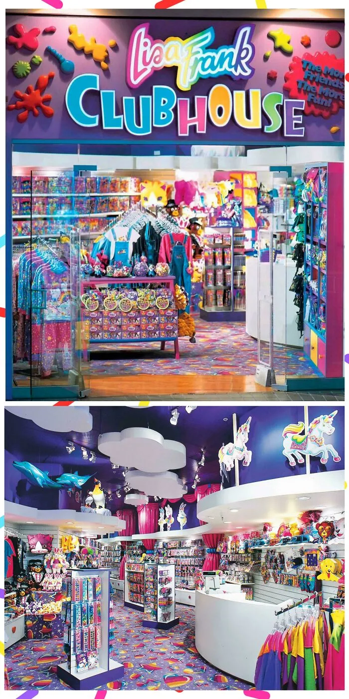 The vibrant exterior and interior of a Lisa Frank Clubhouse store, a true icon of 90s life.