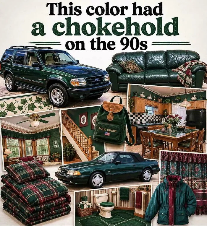 A collage of items, including a car, couch, and interior decor, all in a dark green color, highlighting trends in the 90s.