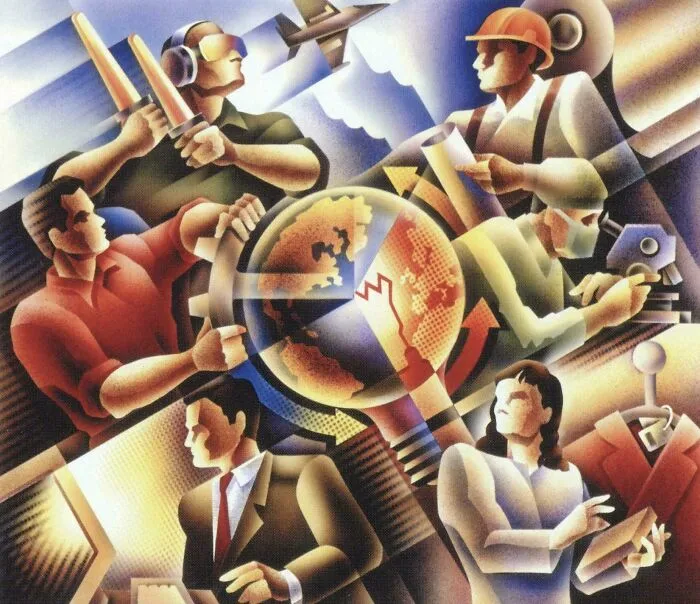 An artistic illustration of various professionals and global commerce, reflecting life in the 90s.