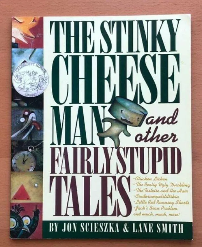 A book titled The Stinky Cheese Man and Other Fairly Stupid Tales, showcasing 90s nostalgia.