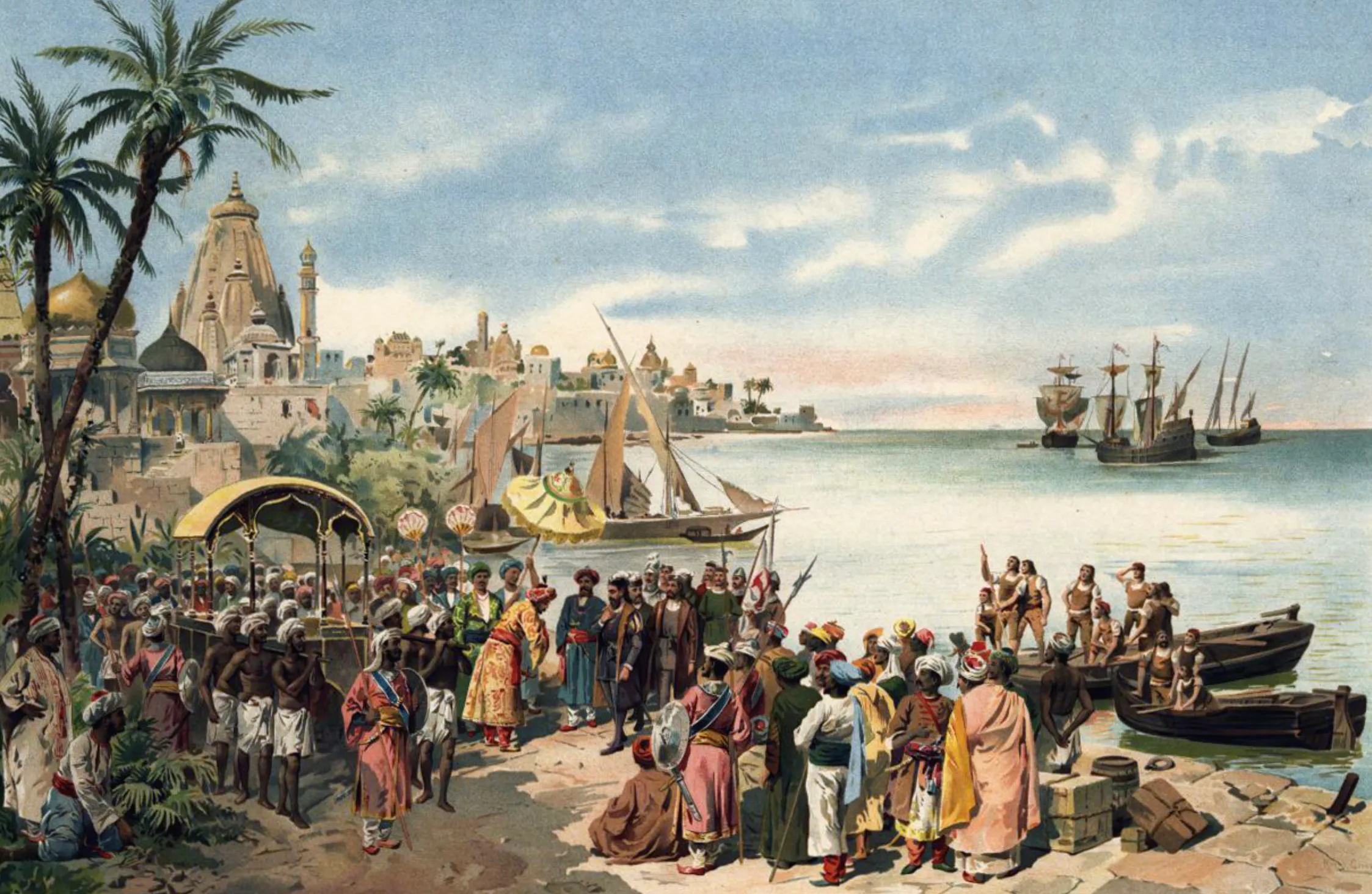 Historical painting of an explorer reaching India by sailing around the Cape of Good Hope for a general knowledge quiz.