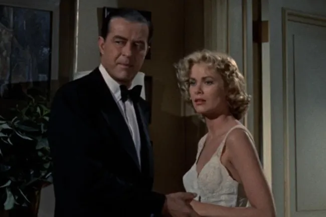 A tense moment from the Hitchcock film Dial M For Murder, with the two main actors.