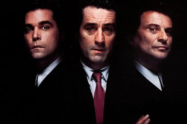 Ray Liotta, Robert De Niro, and Joe Pesci as mobsters in Goodfellas, representing their rise.