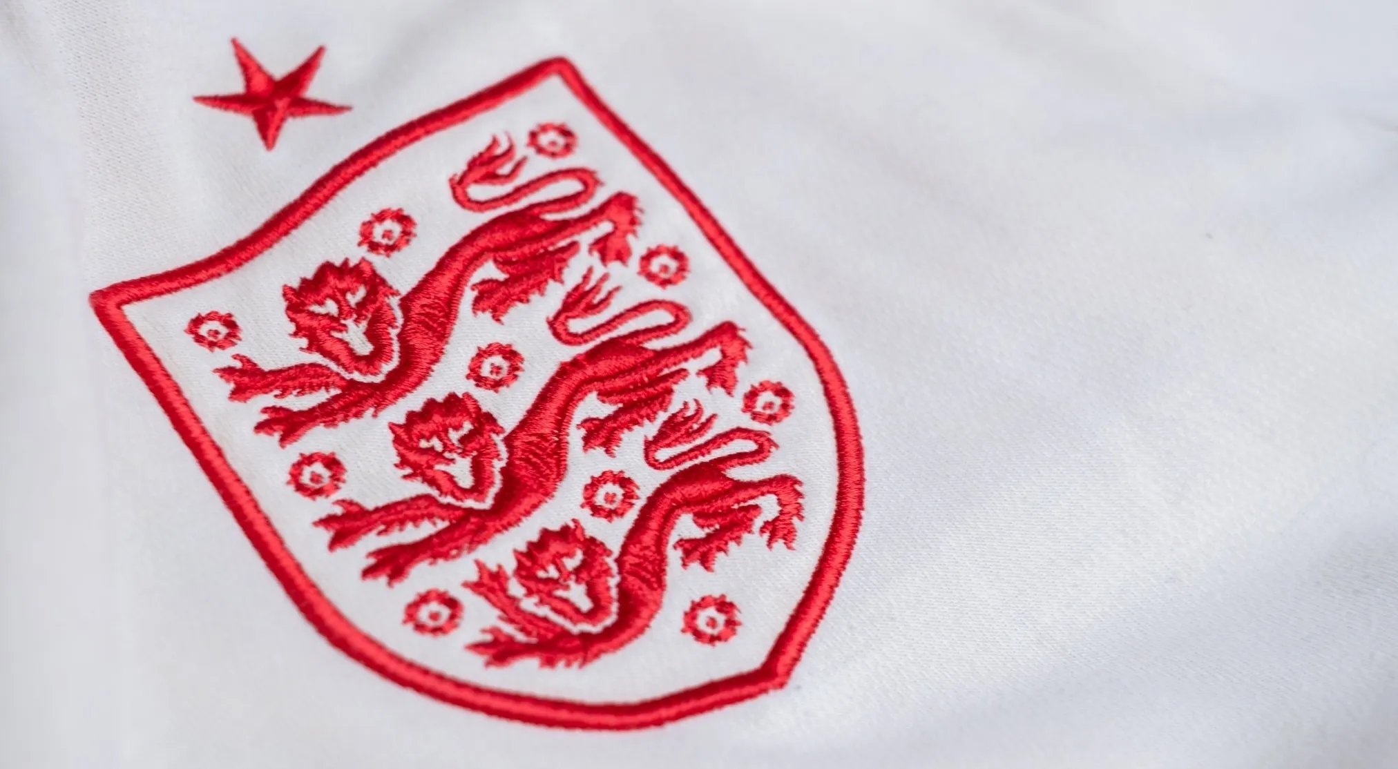 Close-up of the England national football team badge on a white jersey, featuring three red lions. FIFA World Cup.