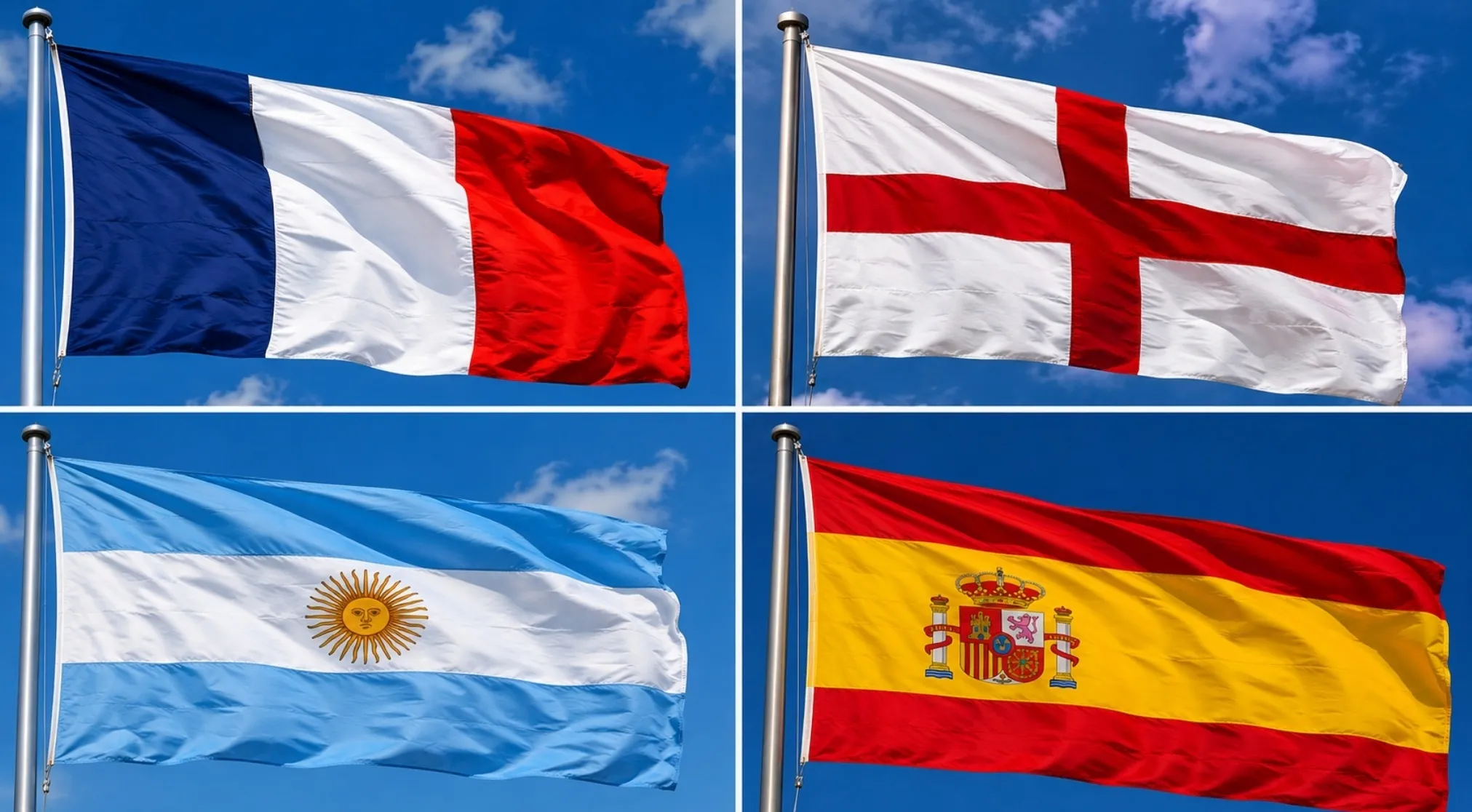 Flags of France, England, Argentina, and Spain against a blue sky, representing FIFA World Cup nations in a quiz.