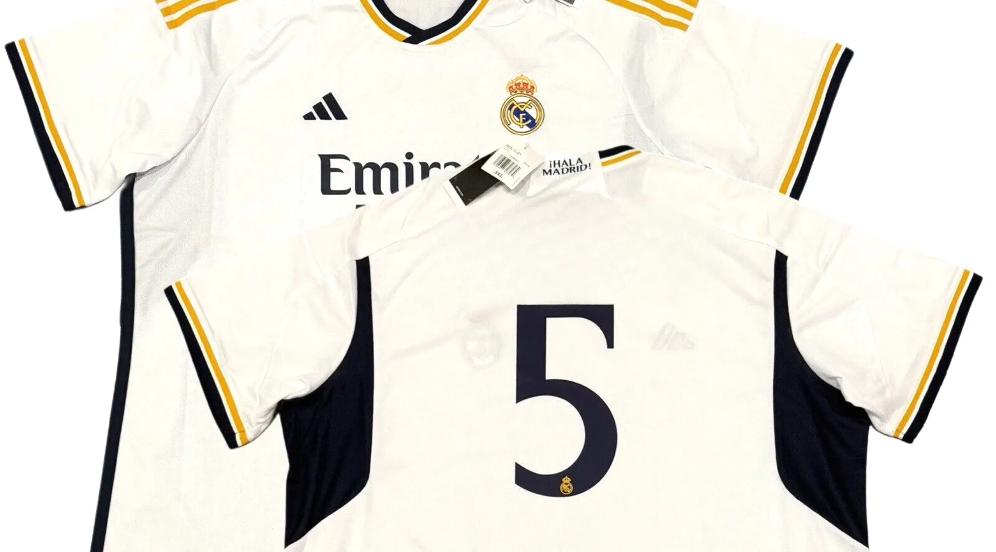 Real Madrid's white No. 5 shirt, with Bellingham and the club crest, a FIFA World Cup Quiz question.