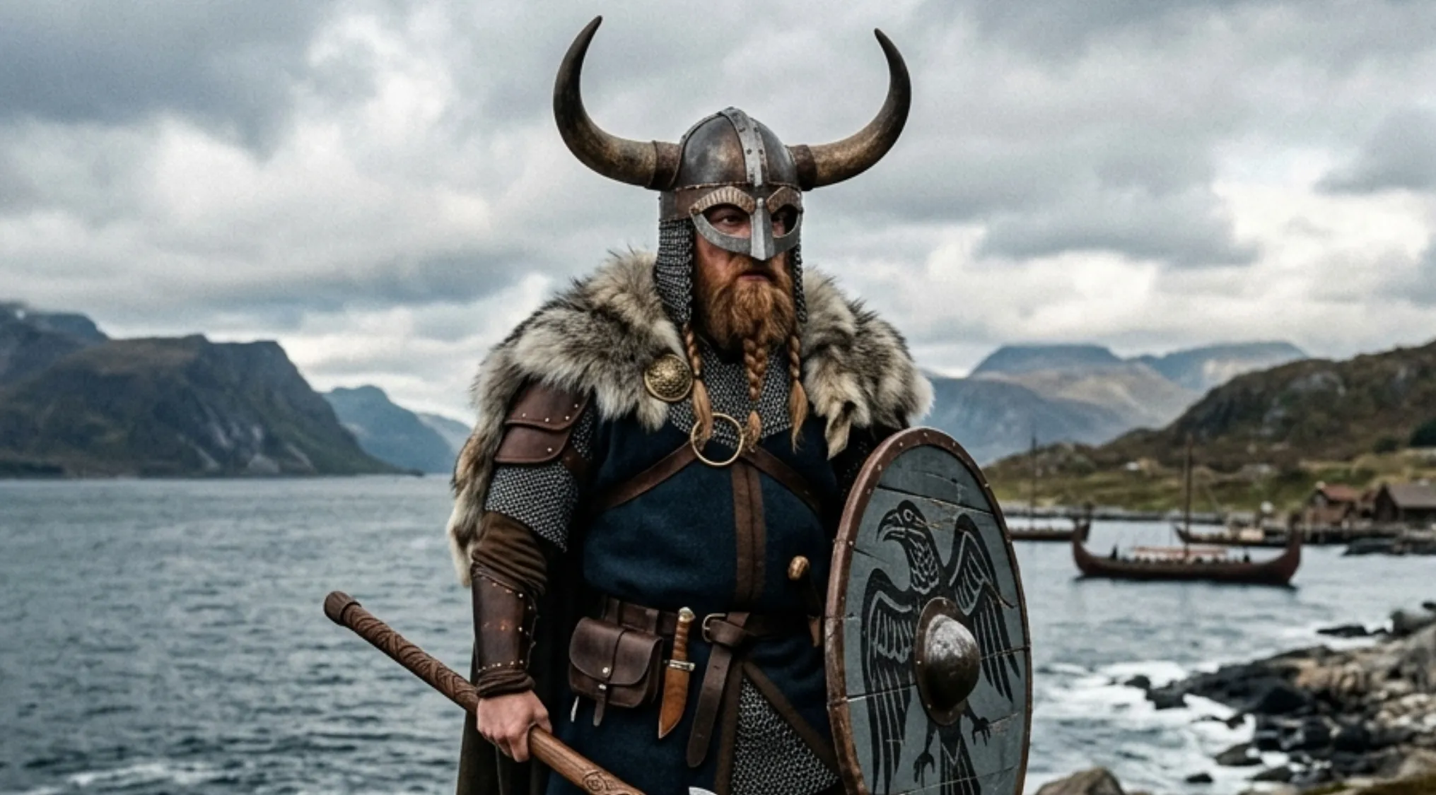 Quiz edition image of a Viking warrior with a horned helmet, shield, and axe, standing by the sea.