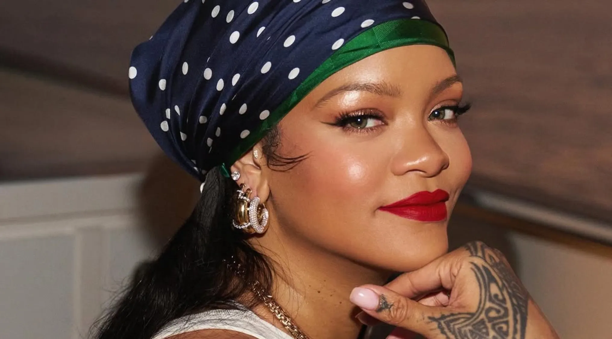 Quiz edition image of Rihanna wearing a headscarf, with her real first name being Ray.
