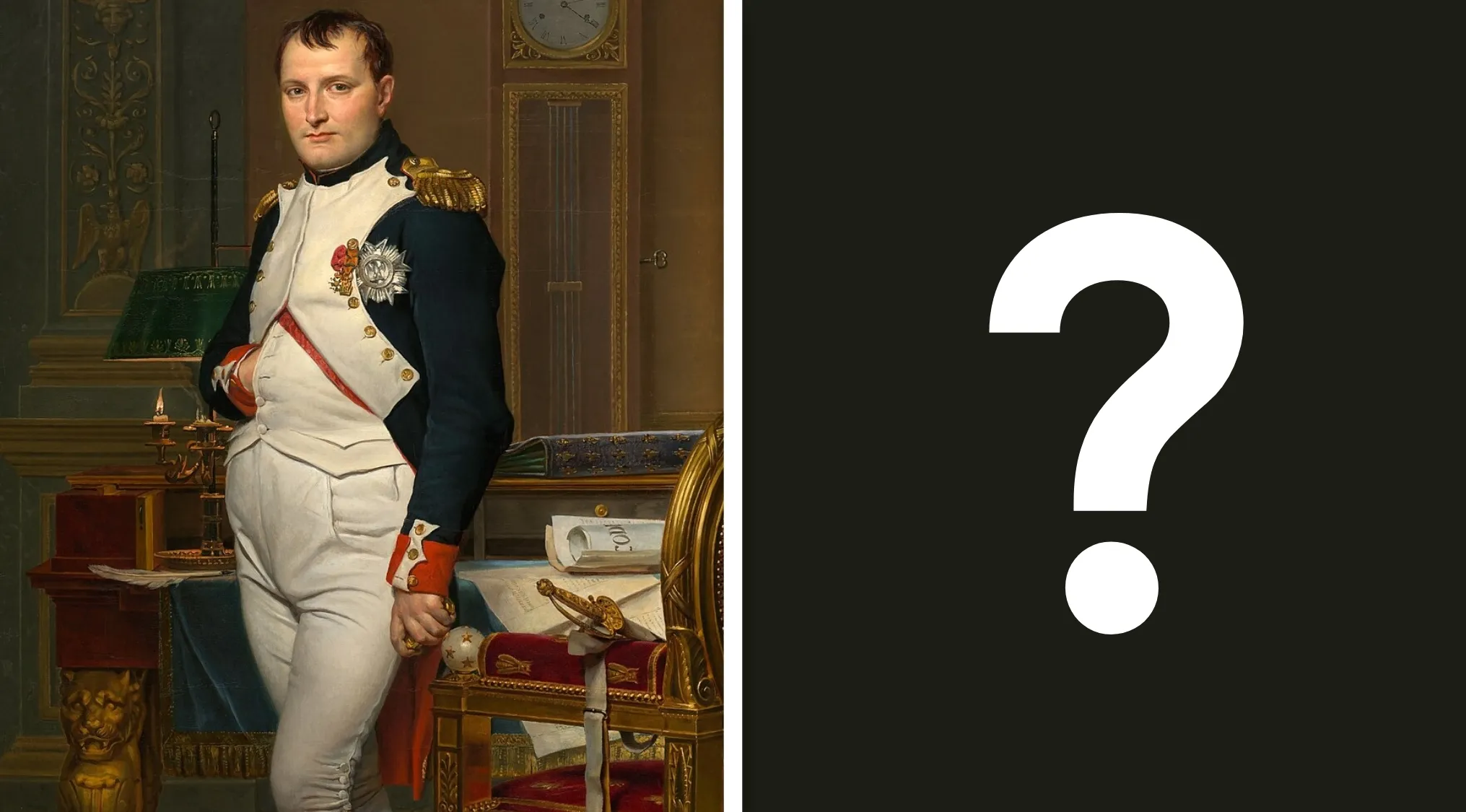 Real From Fake Quiz: Painting of Napoleon Bonaparte, legendary French emperor, next to a question mark.
