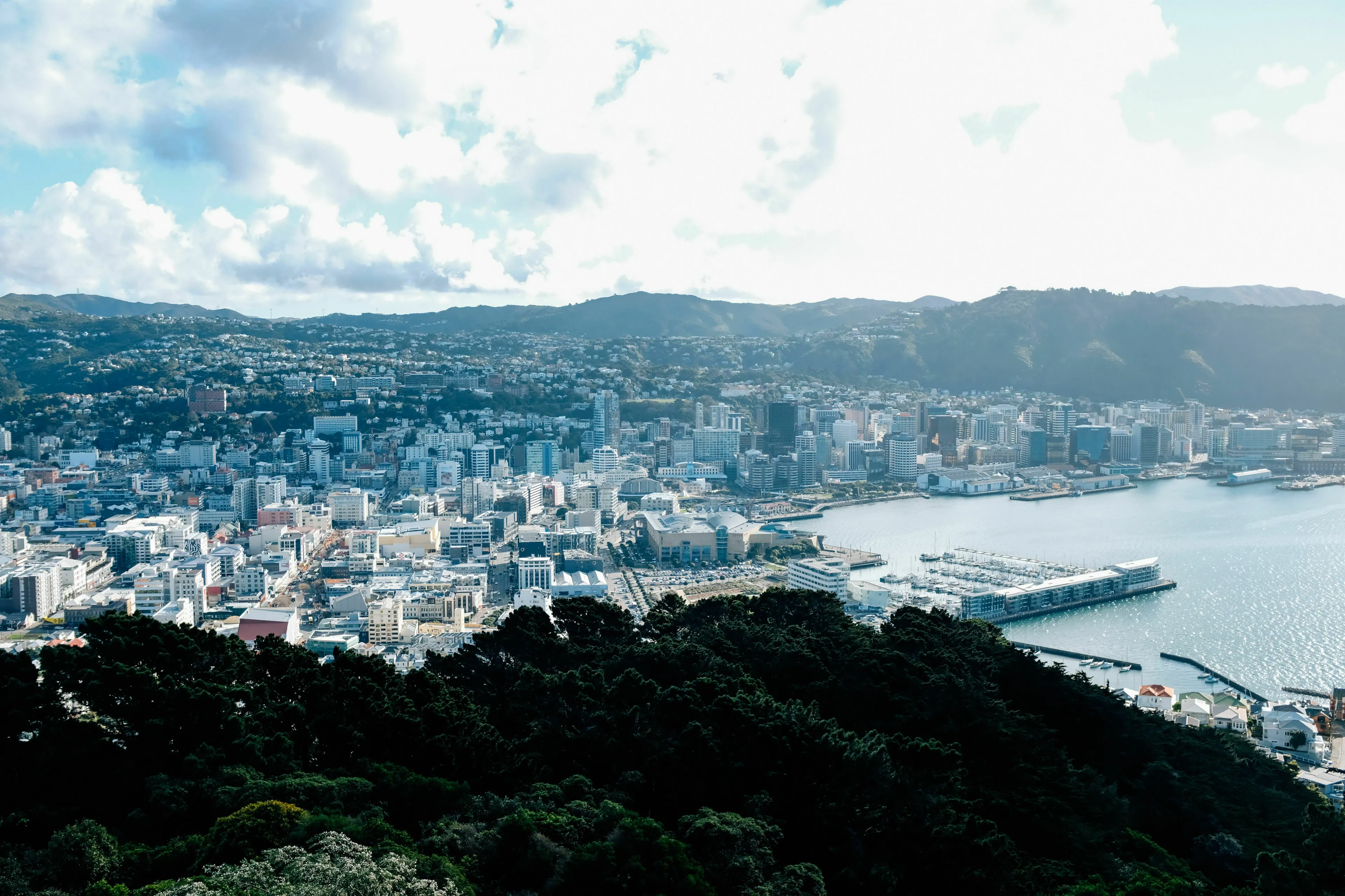 An aerial view of Wellington, the capital city of New Zealand, with buildings, a harbor, and mountains under a cloudy sky.