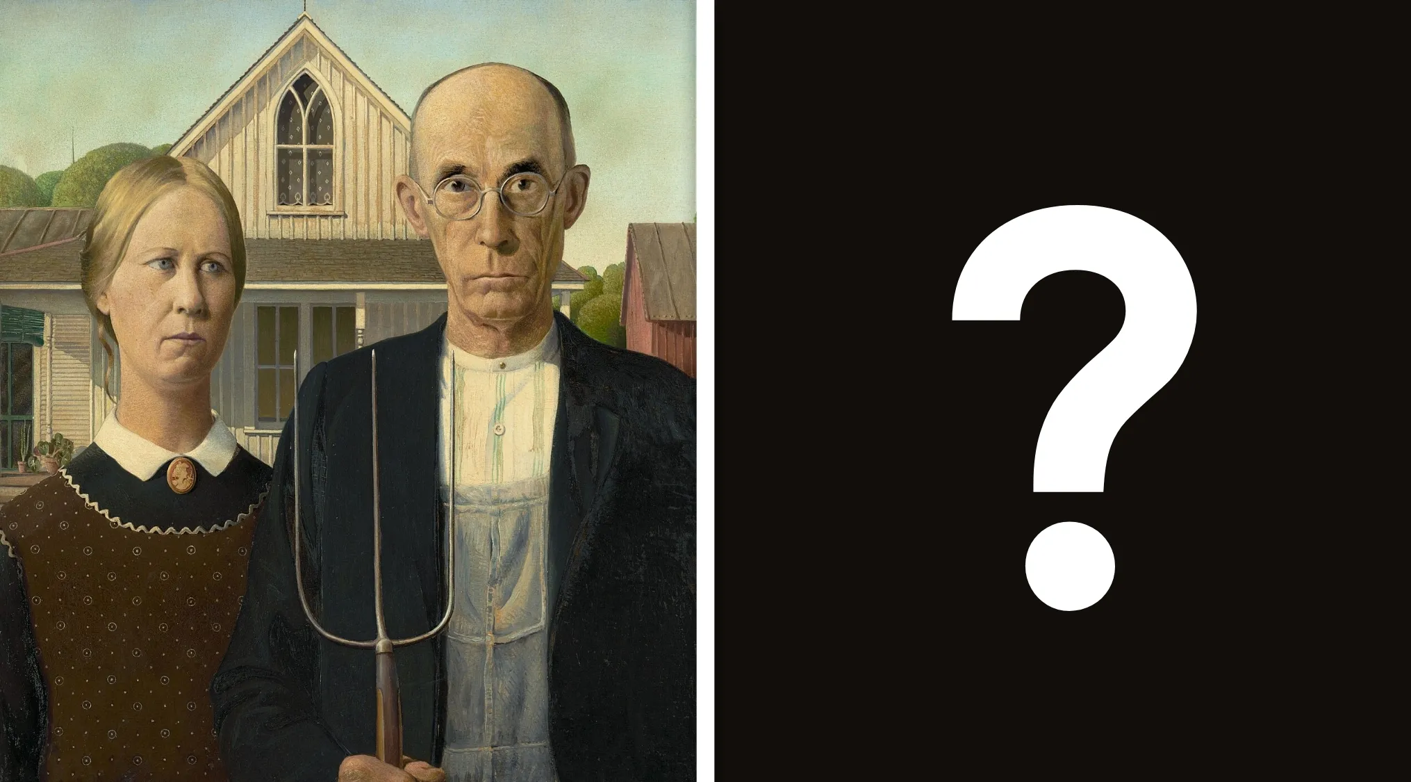 A pub trivia quiz question: Who painted American Gothic? The famous painting is shown next to a question mark.