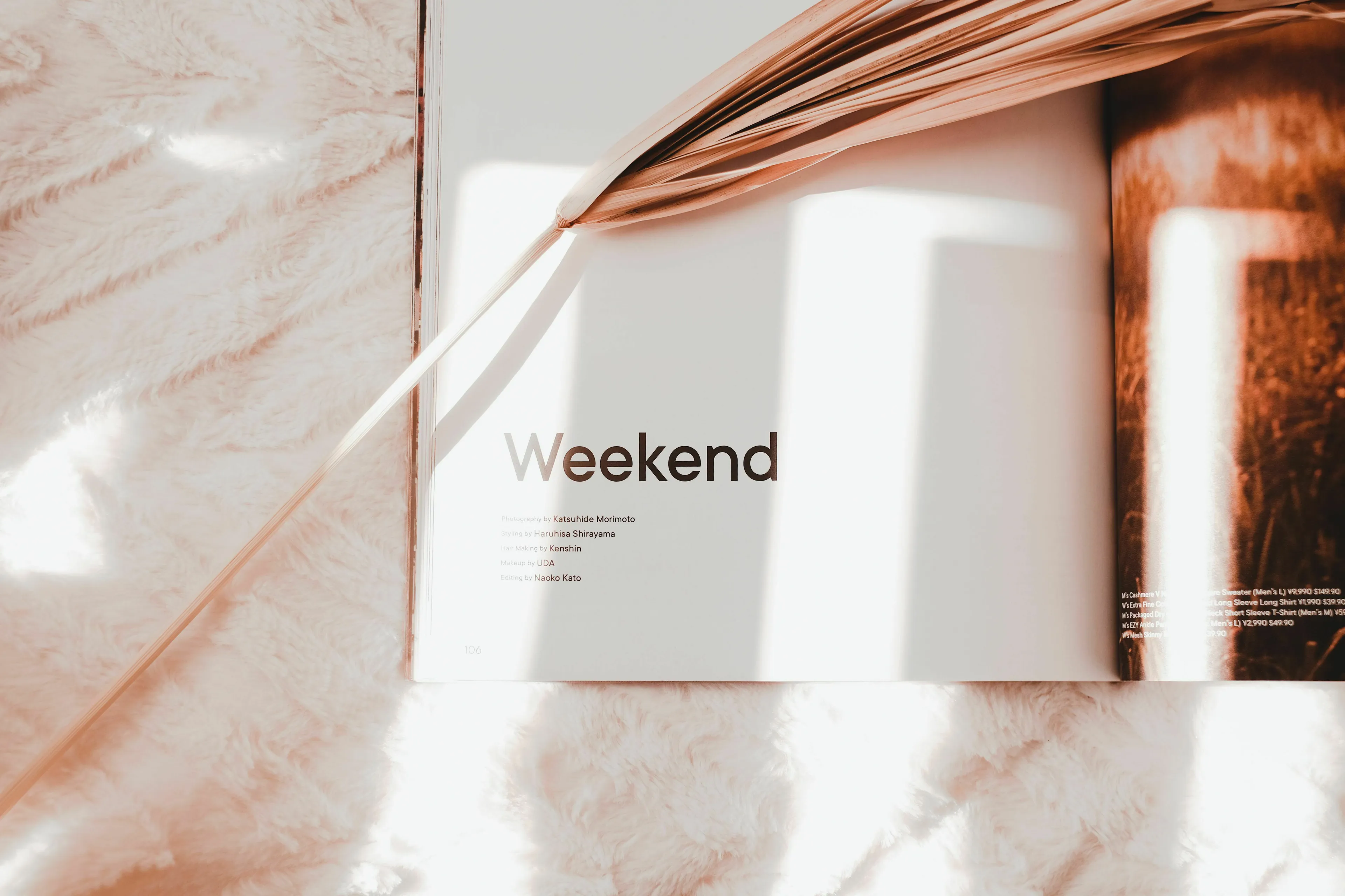 An open magazine with the word Weekend on its page, with a dried palm leaf on top, representing a relationship with rules.