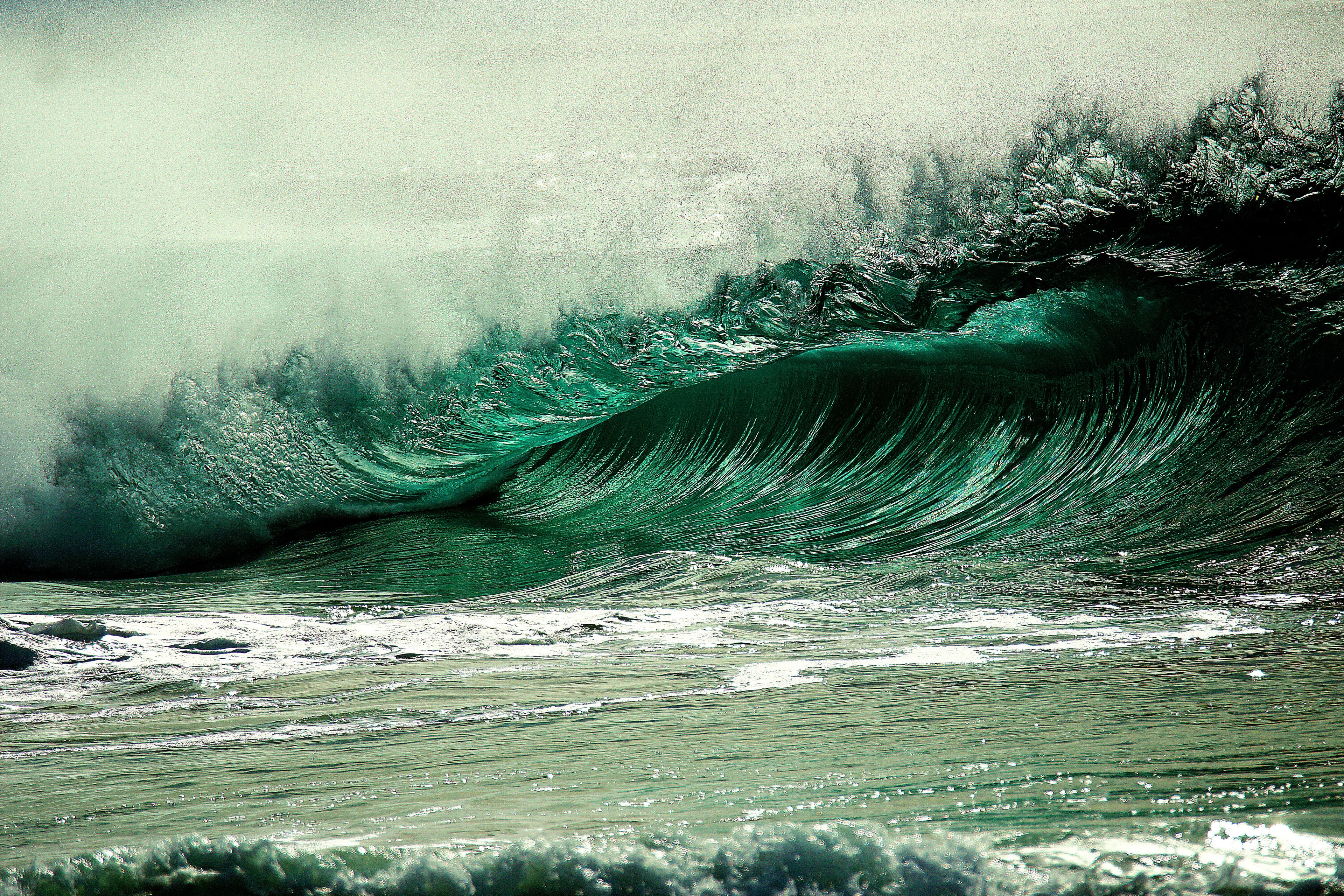 A powerful, large green tsunami wave cresting and breaking in the ocean, showcasing its immense force.