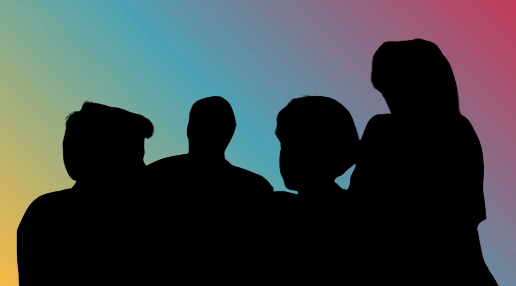 A group character silhouettes from a film against a colorful gradient background.