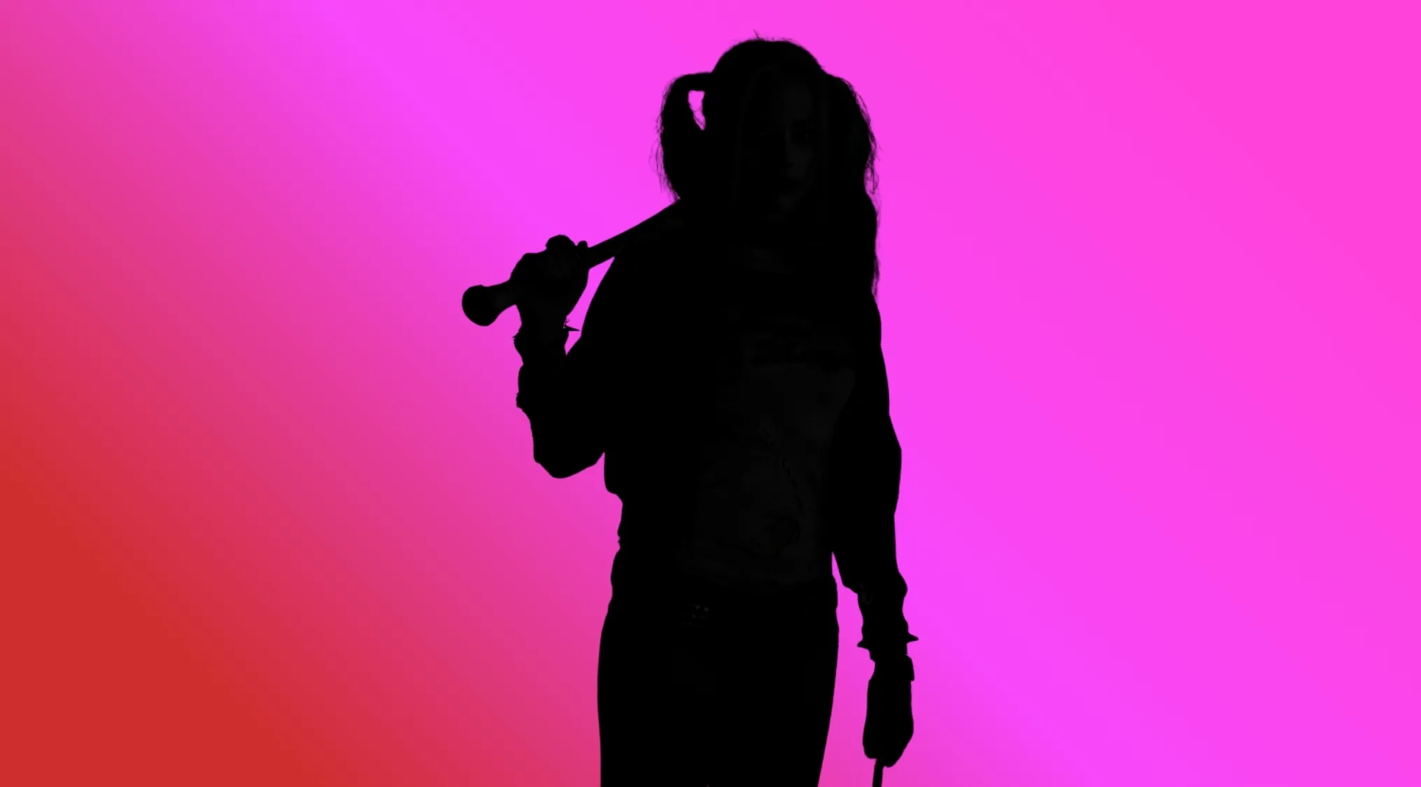 Harley Quinn character silhouette holding a bat, identify the character.