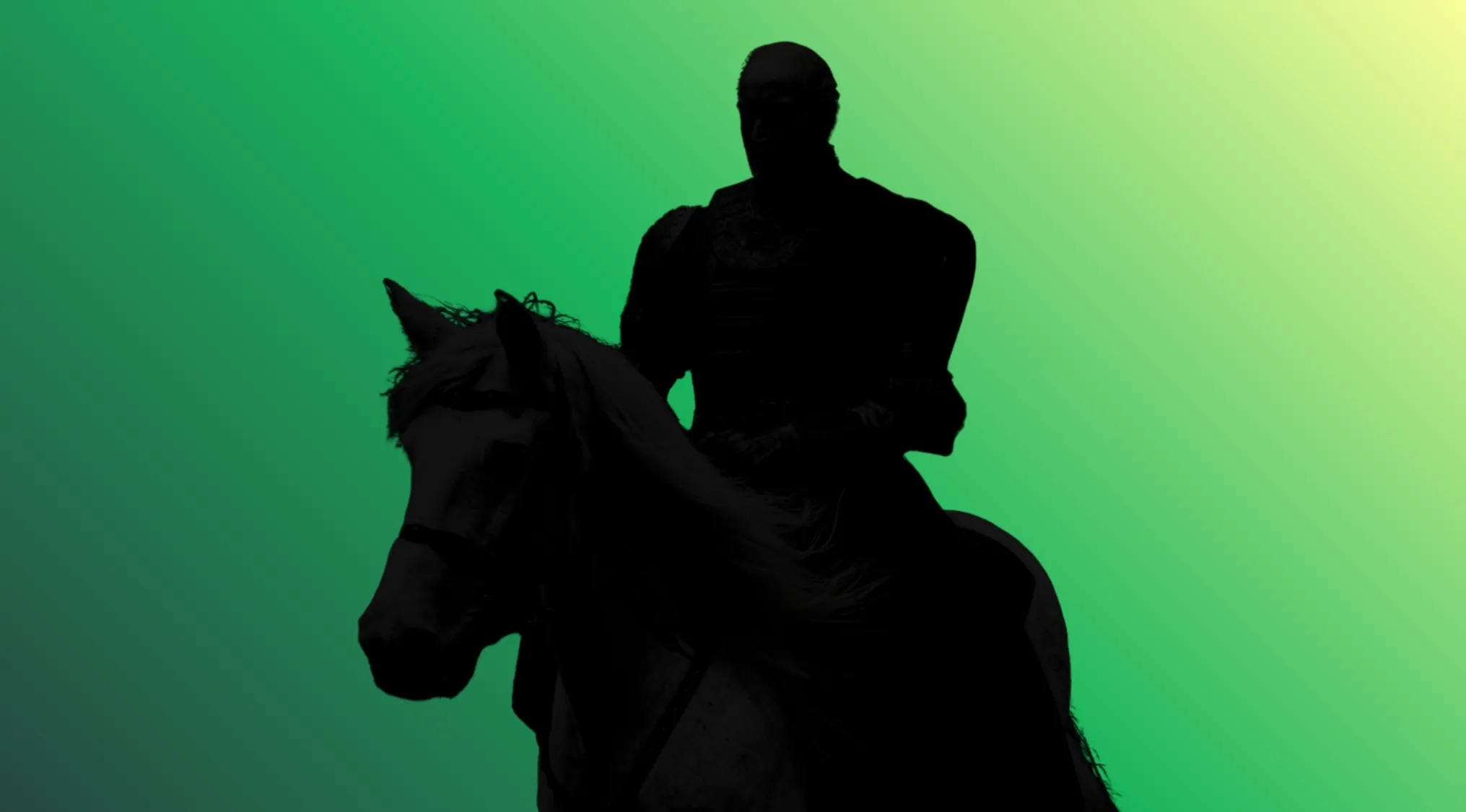 A Game of Thrones character silhouette on horseback against a green and yellow gradient.
