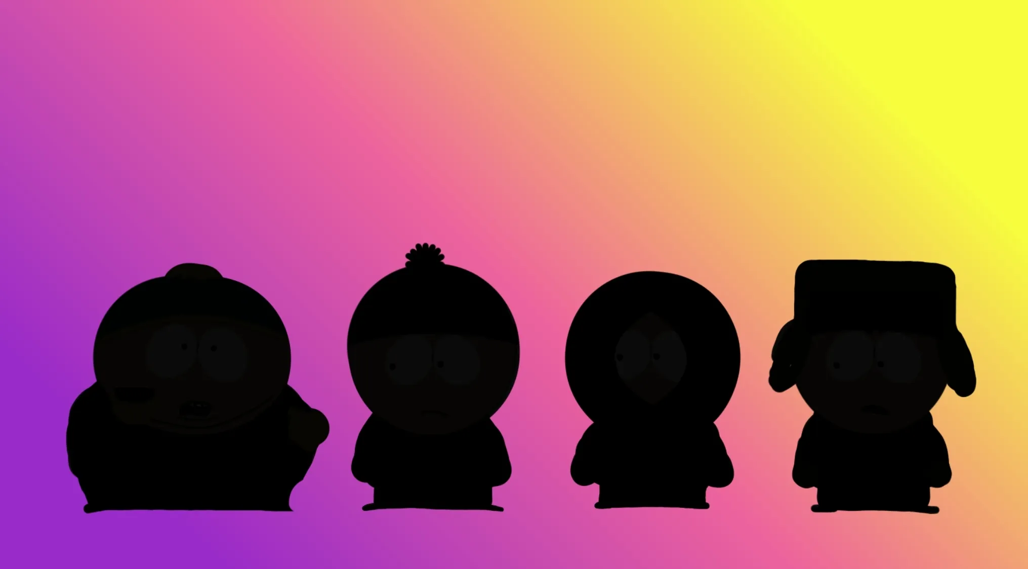 A group of kid character silhouettes from a film against a vibrant purple, yellow, and orange background.