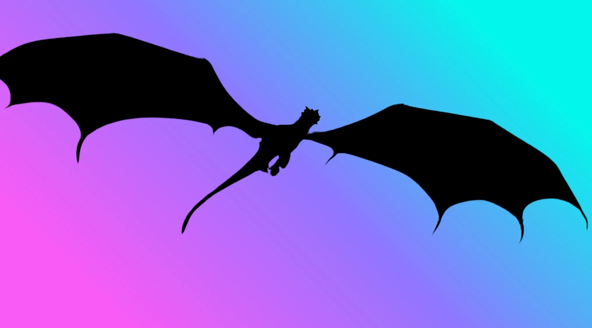 Character silhouettes of a dragon with large wings in flight against a vibrant pink, blue, and green gradient background.