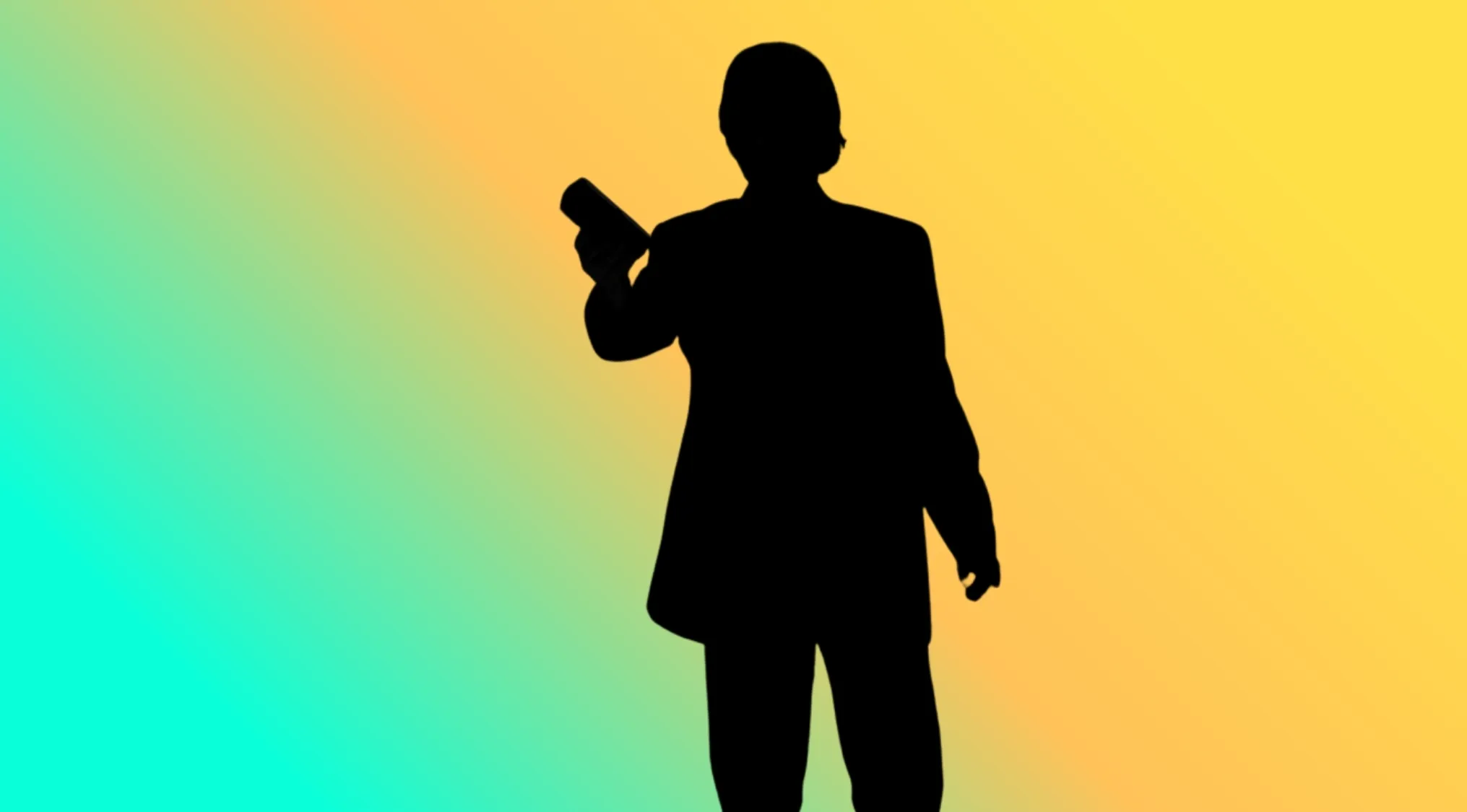 Character silhouettes of a man in a suit holding an object, against a bright yellow, green, and blue gradient.