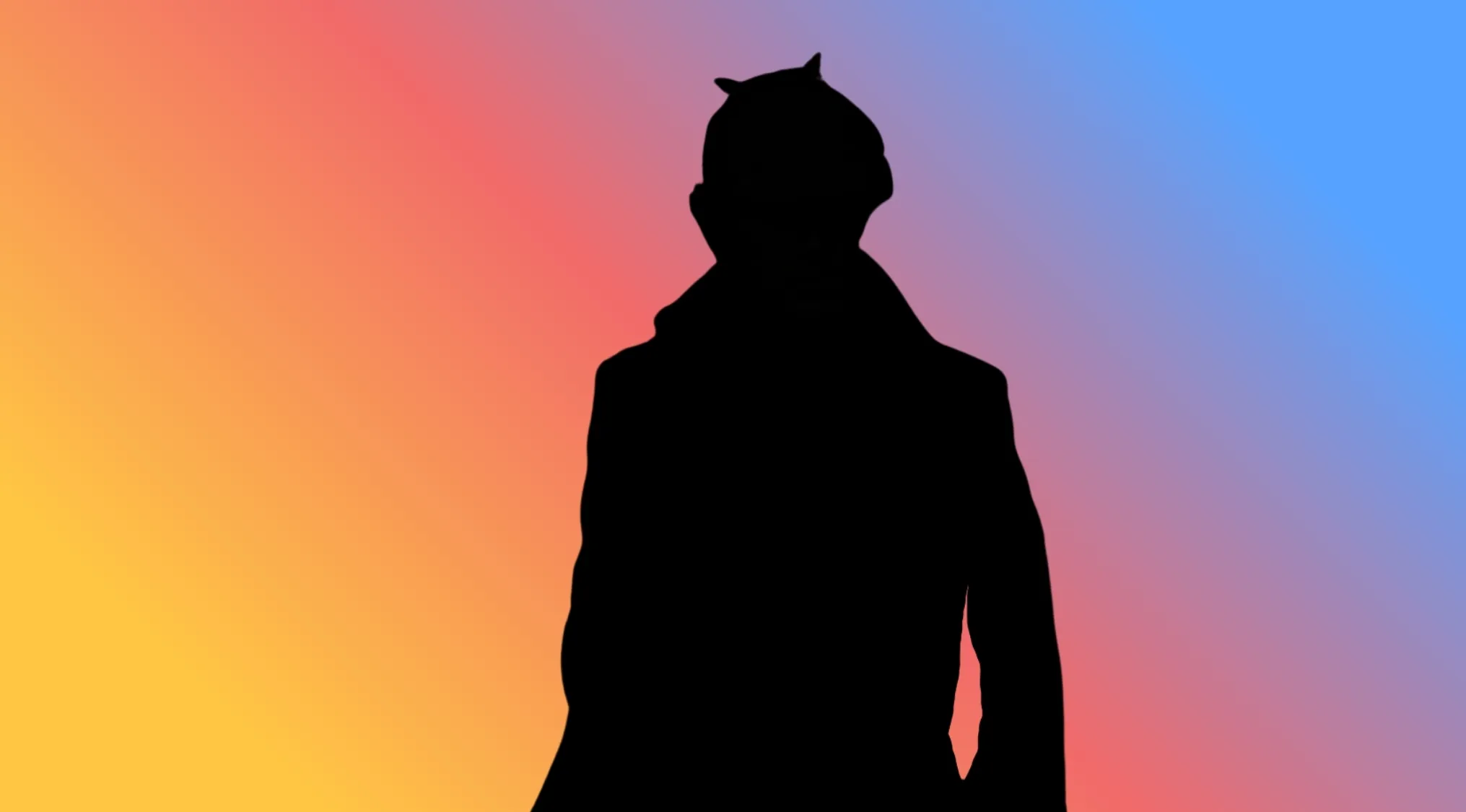 Character silhouette of Sherlock Holmes against a colorful background. Who is this character?