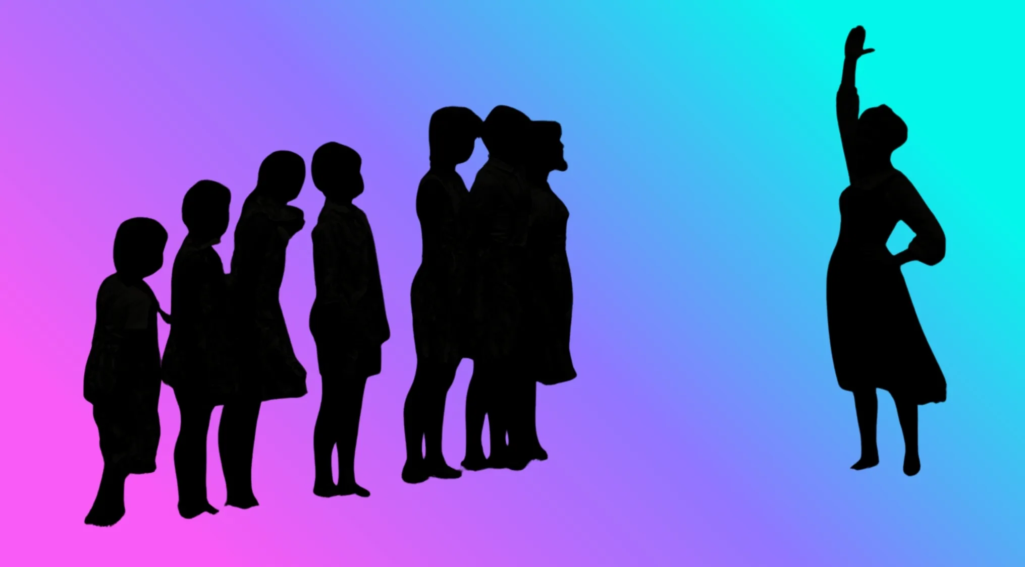 Character silhouettes of a group of people from a movie, standing on a gradient background, with one figure raising an arm.