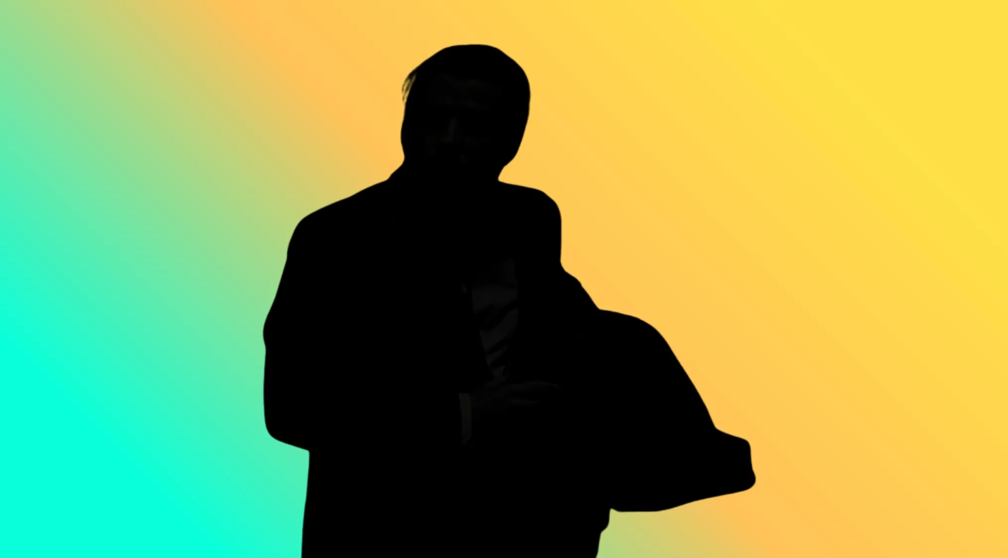 Character silhouette of a person in a suit, against a colorful gradient background, for character identification.