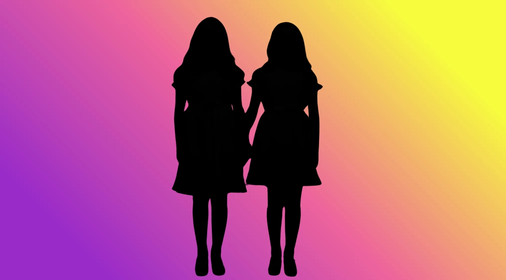 Silhouette of two horror film characters, likely twins, holding hands, set against a vibrant gradient.