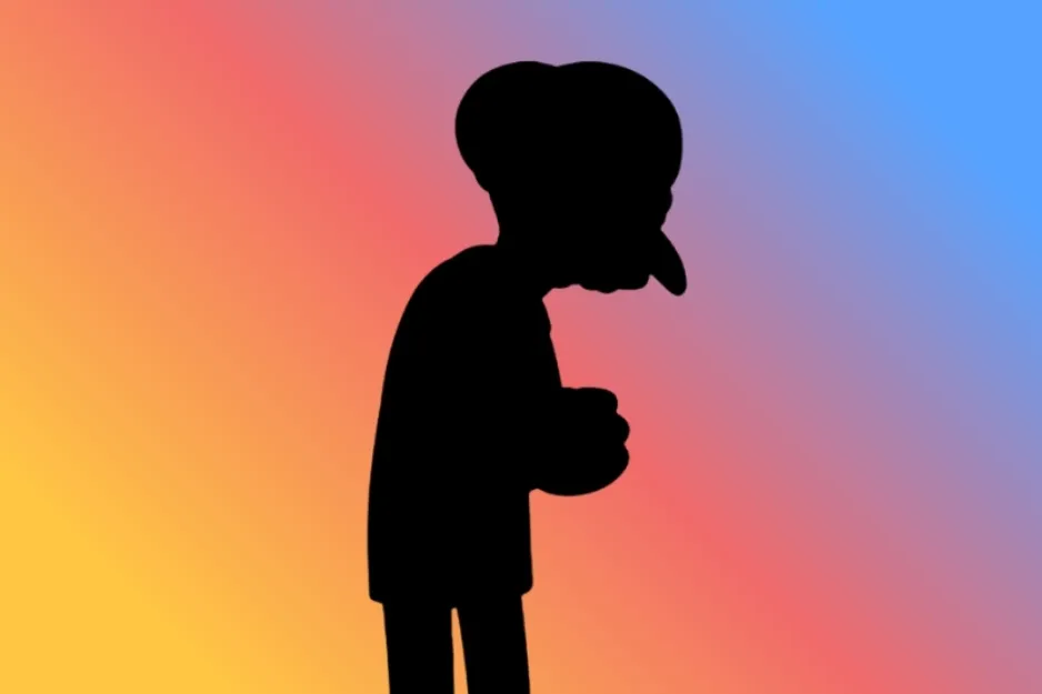 Silhouette of a character against a colorful background. Find the silhouette of Dr. Hibbert.
