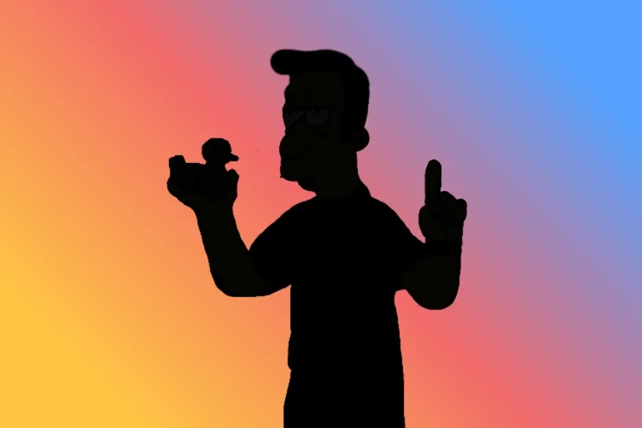 Silhouette of a character holding a duck toy against a colorful background. Find the silhouette of Dr. Hibbert.